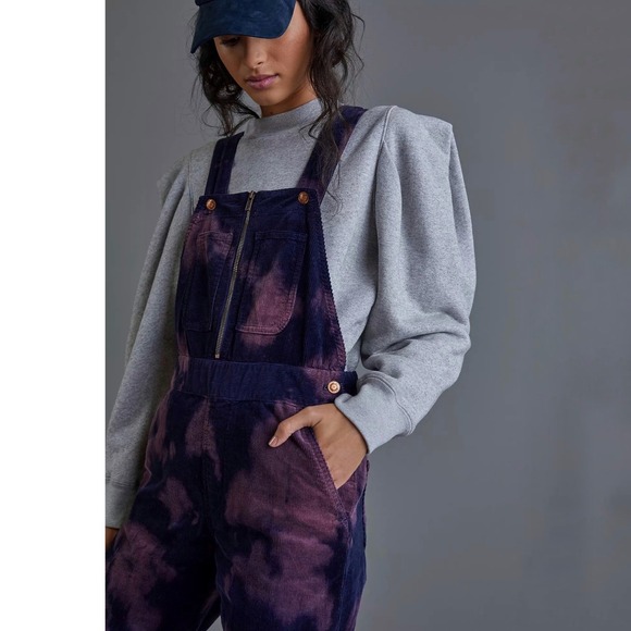 Anthropologie Pilcro Slim Corduroy Overalls Purple Black Bleach Tie Dye Sz 25 - Picture 3 of 12
